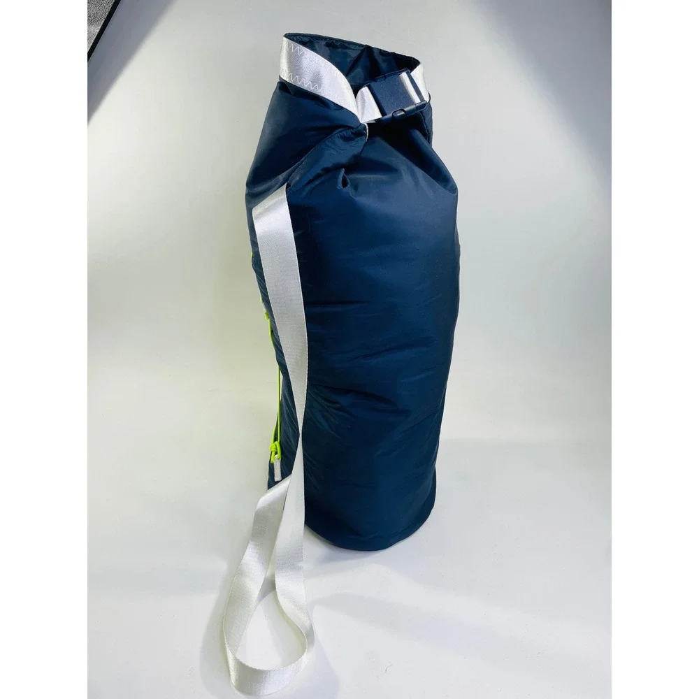 Azzaro Chrome Navy Blue Puffer Duffle Bag Neon Yellow Accents Roll Top Sport Bag